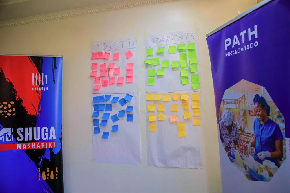 A workshop wall covered in coloured sticky notes mapping youth and parent insights, beside PATH and Shuga banners